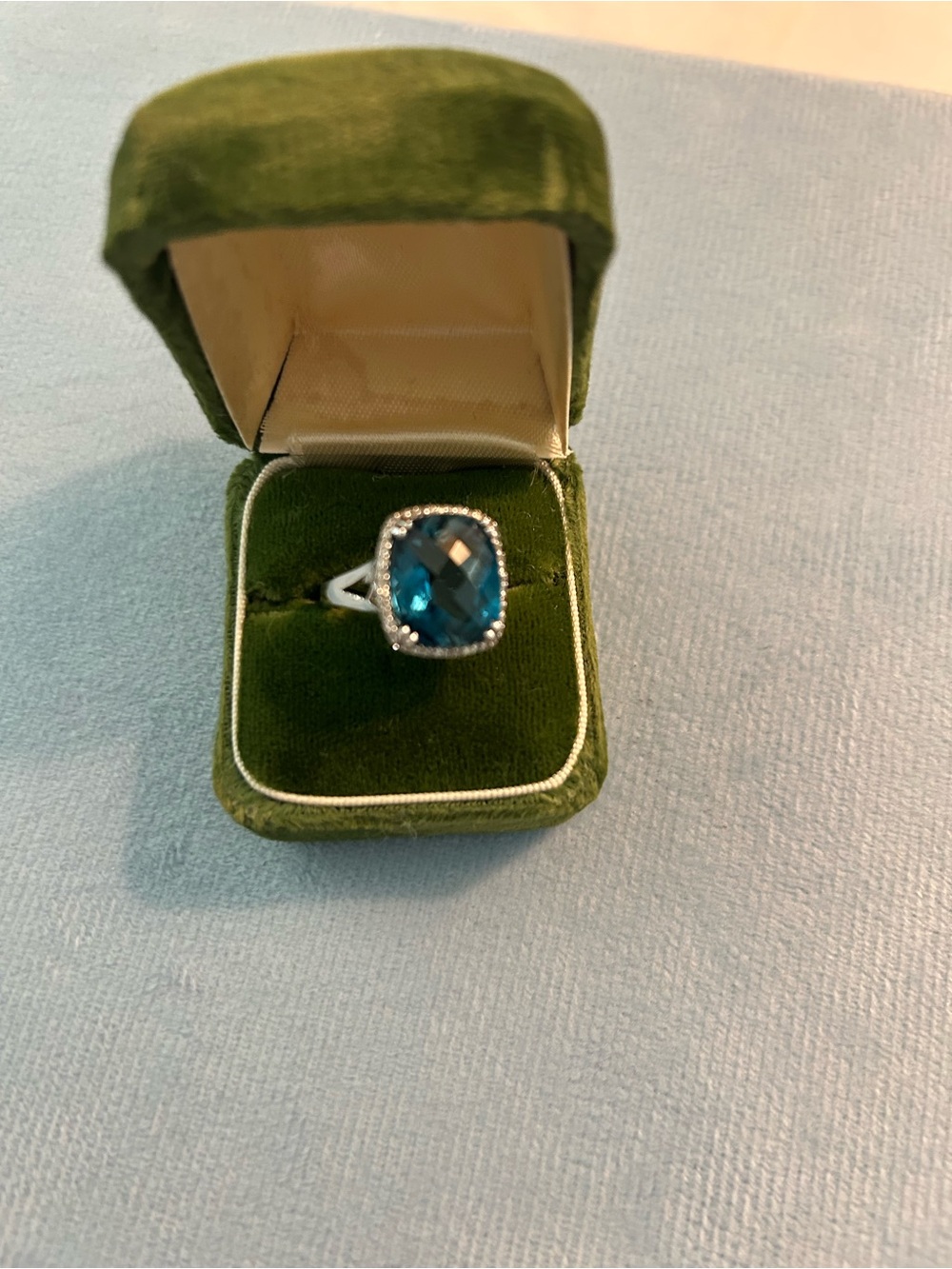 Blue Cushion-Cut TOPAZ Halo Ring - 14k WHITE GOLD
